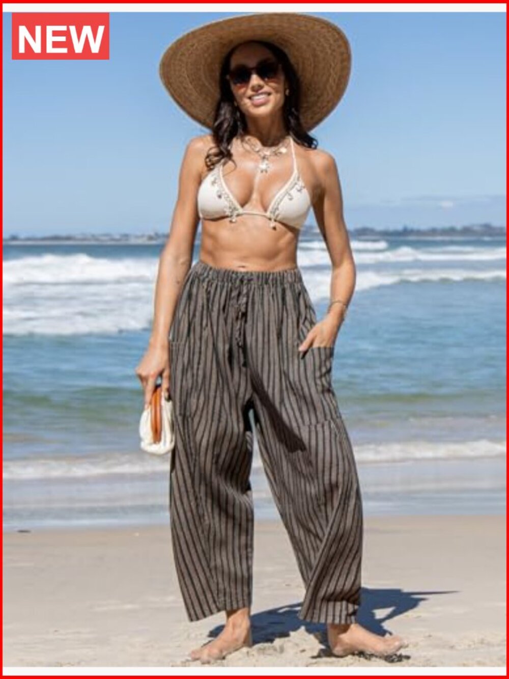 Womens Linen Wide Leg Pants Casual Loose Drawstring Summer Travel Beach Palazzo - Picture 2 of 7